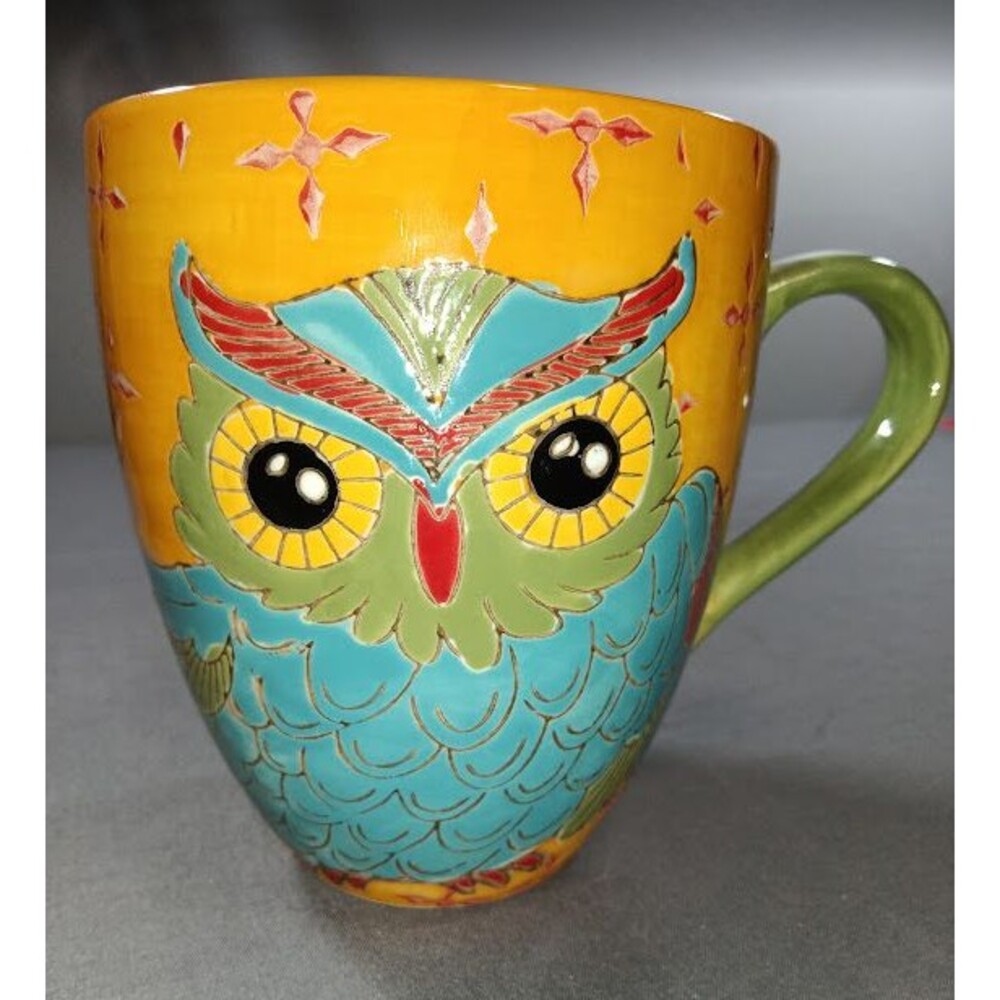 Dutch Wax Owl Coffee Tea Mug Cup Handpainted Kitschy Whimsical Boho Eclectic